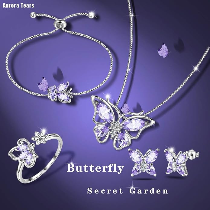 Aurora Tears Butterfly Jewelry,Women 925 Sterling Silver Butterflies Birthstone Pendant Necklace/Earrings/Rings Wedding Gift