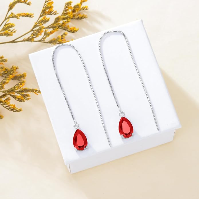 925 Sterling Silver Threader Drop Long Box Chain Ear Line Earrings with 11 * 8mm Birthstone Crystals, Birthday Jewelry Gifts for Women