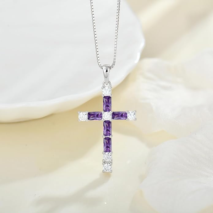 Birthstone Cross Necklace for Women 925 Sterling Silver Christian Religious Crucifix Pendant Rectangular Cut Birthstone Jewelry Gifts for Her