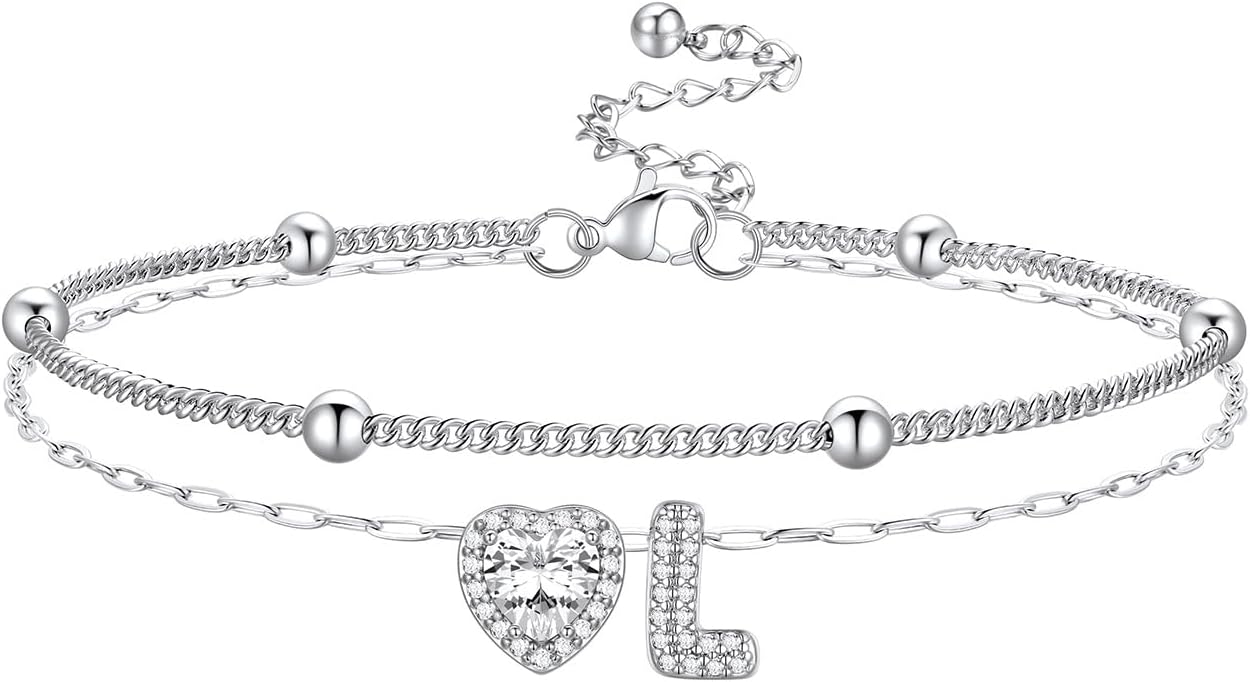 Bestyle Initial Anklet Bracelets for Women Waterproof Non Tarnish 14K Gold/White Gold Plated CZ Anklets for Women Dainty Layered Letter Heart Ankle Bracelets Adjustable Foot Chain Anklet
