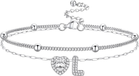 Bestyle Initial Anklet Bracelets for Women Waterproof Non Tarnish 14K Gold/White Gold Plated CZ Anklets for Women Dainty Layered Letter Heart Ankle Bracelets Adjustable Foot Chain Anklet