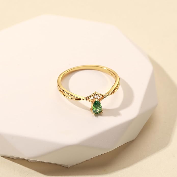 925 Sterling Silver Birthstone Ring for Women Non Tarnish Stackable Ring 14K Gold Plated Pear Teardrop Green Cubic Zirconia Crown V Engagement Promise Rings Wedding Graduation Jewelry Gifts