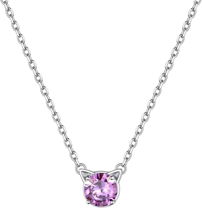 ChicSilver Bow and Cat Birthstone Necklace, 925 Sterling Silver Pendant Necklaces for Women, Hypoallergenic Silver Choker with 16 inch Rolo Chain, 12 Months Jewelry for Valentines Mothers Day Christmas