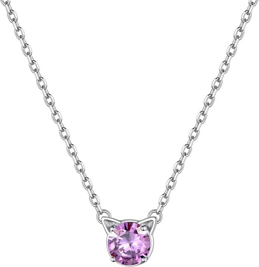 ChicSilver Bow and Cat Birthstone Necklace, 925 Sterling Silver Pendant Necklaces for Women, Hypoallergenic Silver Choker with 16 inch Rolo Chain, 12 Months Jewelry for Valentines Mothers Day Christmas