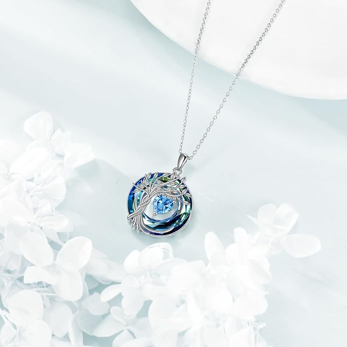 POPLYKE Mothers Day Gifts for Mom Her Wife Tree of Life Necklace 925 Sterling Silver Birthstone Pendant with Crystal Anniversary Birthday Wedding Jewelry for Women