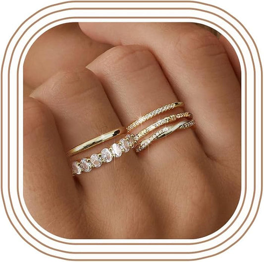 Dochais 5PCS Stackable Gold Silver Rings for Women, Non Tarnish Dainty Cubic Zirconia Rings, 14K Gold Plated Minimalist Wedding Band Rings Set, Trendy Statement Stacking Rings Size 5-10