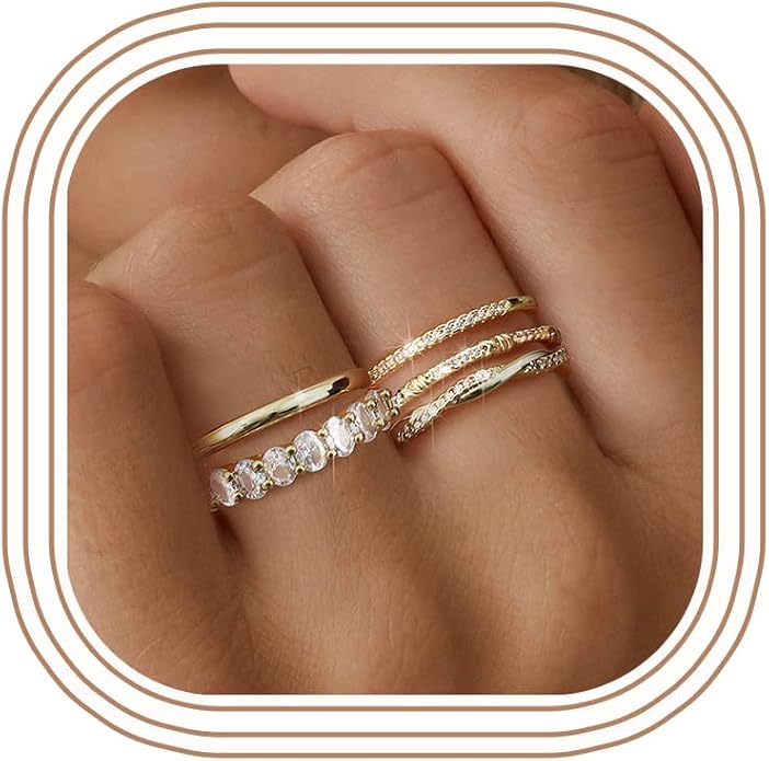 Dochais 5PCS Stackable Gold Silver Rings for Women, Non Tarnish Dainty Cubic Zirconia Rings, 14K Gold Plated Minimalist Wedding Band Rings Set, Trendy Statement Stacking Rings Size 5-10