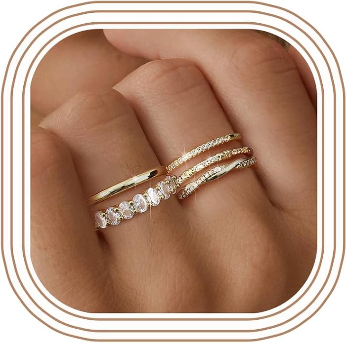 Dochais 5PCS Stackable Gold Silver Rings for Women, Non Tarnish Dainty Cubic Zirconia Rings, 14K Gold Plated Minimalist Wedding Band Rings Set, Trendy Statement Stacking Rings Size 5-10