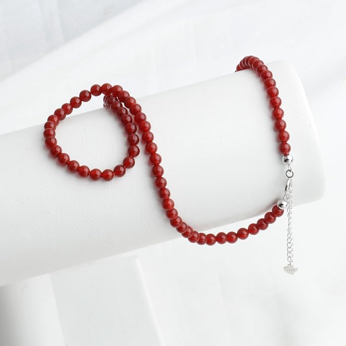 Kakikaki Natural Agate Choker Necklace Sterling Silver Round Beads Strand Necklace for Women