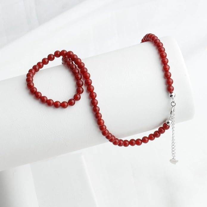 Kakikaki Natural Agate Choker Necklace Sterling Silver Round Beads Strand Necklace for Women