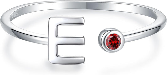 925 Sterling Silver Initial Letter Birthstone Rings for Women Adjustable 1-12 Month Birthstone Alphabet Stacking Ring for Teens Girls Stackable Birthstone Rings Birthday Jewelry Gift for Daughter Mom