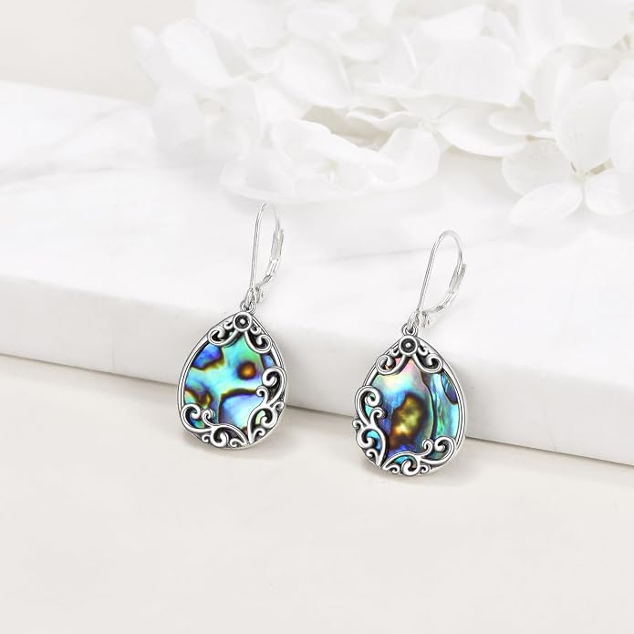 Filigree Earrings Sterling Silver Celtic Teardrop Drop Dangle Earrings Abalone Shell Bohemian Jewelry for Women