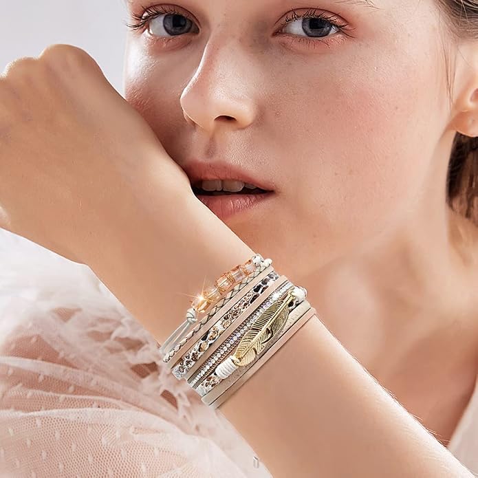 Wowanoo 3Pack Leather Cuff Bracelet Set Multilayer Wrap Bracelet Crystal Feather Tree Bracelet Magnetic Clasp Bracelet for Women