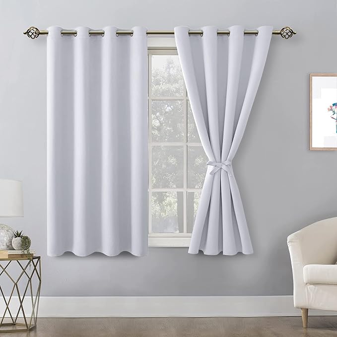 Hiasan Blackout Curtains for Bedroom, 52 x 54 Inches Long - Thermal Insulated & Energy Saving Window Curtains for Living Room, 2 Drape Panels Sewn with Tiebacks, Greyish White