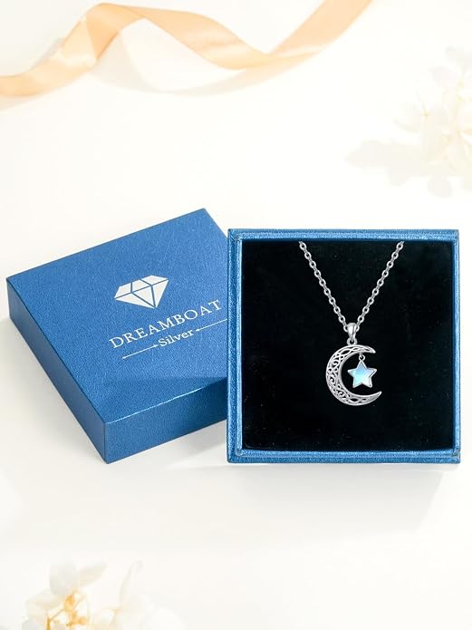 Dreamboat Sterling Silver Moon and Star Necklace Silver Crescent Moon Necklaces for Women Star Pendant Celestial Jewelry Gifts