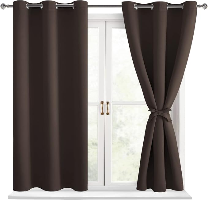 Hiasan Blackout Curtains for Bedroom - Thermal Insulated & Light Blocking Window Curtains for Living Room, 2 Drape Panels Sewn with Tiebacks, Brown, 42 x 54 Inch