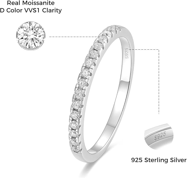 EAMTI 2mm 925 Sterling Silver Wedding Band Cubic Zirconia Half Eternity Stackable Engagement Ring Size 3-13