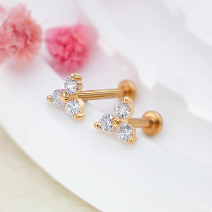 14K Yellow/White/Rose Gold Threadless Earring Top Push in 1 Pcs Triple Clear CZ Flat Back Nose Stud Threadless Cartilage Earring Helix Stud Tragus Piercing Jewelry for Women 6mm/8mm