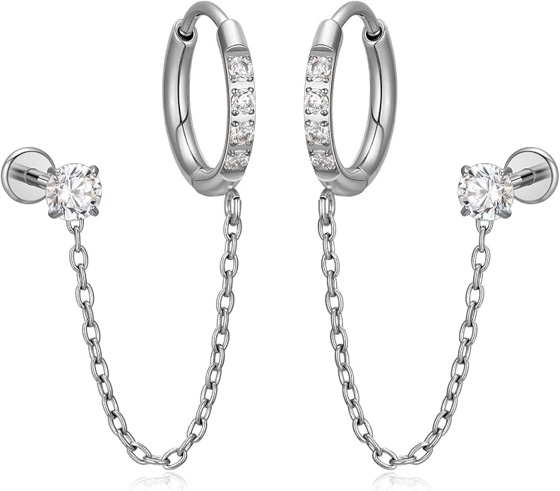 1 Pair ASTM F136 Titanium Double Piercing Dangle Earrings, Cubic Zirconia Dainty Chain Earrings for Helix Conch Earlobe