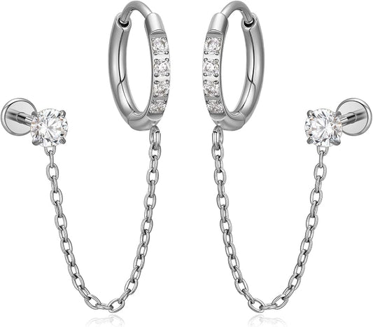 1 Pair ASTM F136 Titanium Double Piercing Dangle Earrings, Cubic Zirconia Dainty Chain Earrings for Helix Conch Earlobe
