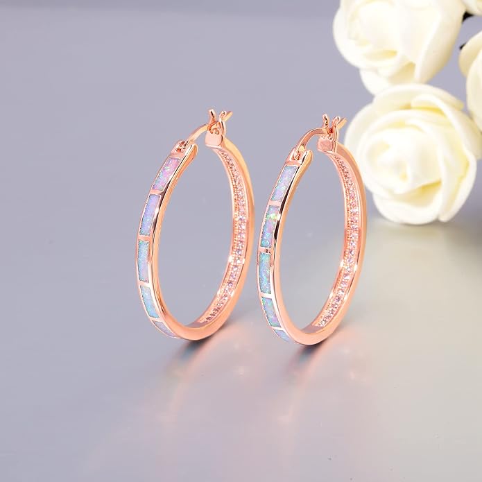 CiNily Opal Hoop Earrings,Women Jewelry Rhodium Plated/Rose Gold or Yellow Gold Plated Gemstone Big Hoop Earrings 32mm