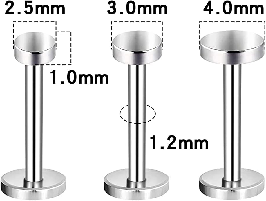 3pcs G23 Titanium 20G/18G/16G 6mm/8mm/10mm/12mm Press Fit Threadless Push Pop 2.5mm 3mm 4mm Flat Top 4mm Flat Back Piercing Lip Stud Earring Labret Monroe Lip Ring Tragus Cartilage Earring Stud