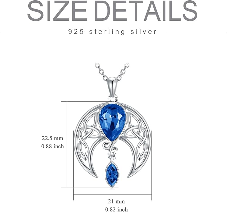 AOBOCO Sterling Silver Celtic Crescent Moon Goddess Pendant Irish Good Luck Necklace with Birthstone Crystal, Celtic Moon Jewelry Gift for Women Mom Wife