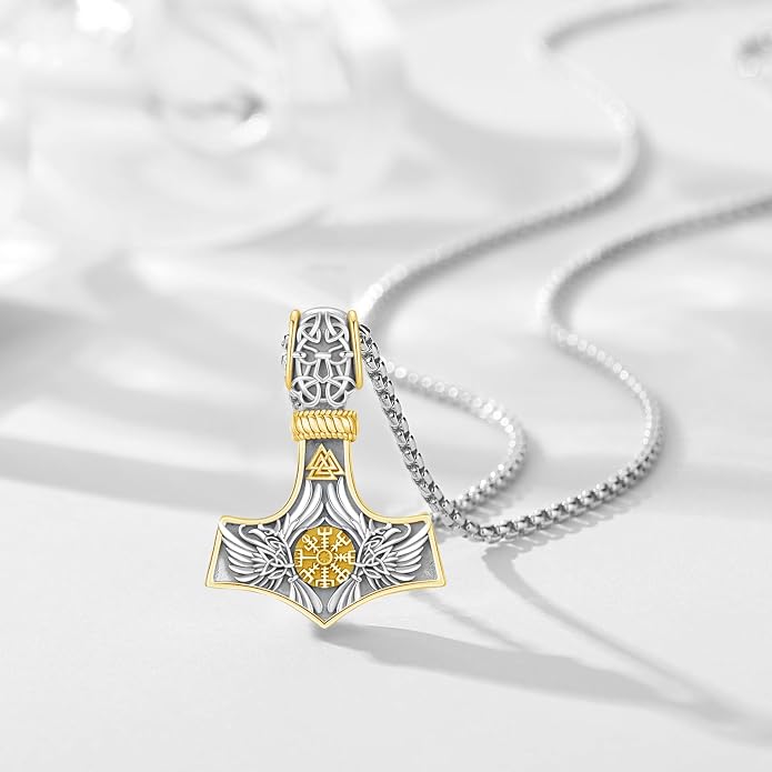 Viking Mjolnir Thors Hammer Necklace Norse Thor Talisman Amulet Pendant 925 Sterling Silver 18k Gold Plated Viking Jewelry Gifts for Men Women