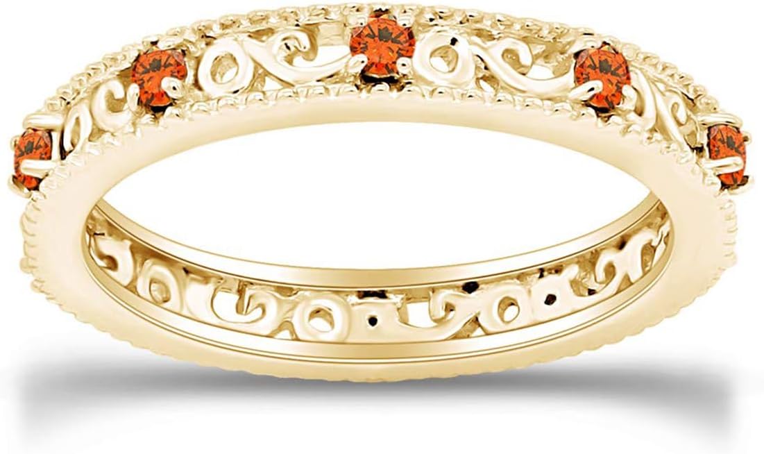 Jewel Zone US Filigree Eternity Wedding Band Ring for Women, Round Cut Simulated Gemstone Stackable Promise Ring in 14K Gold Plated 925 Sterling Silver Band Width 3.5mm – Elegant Jewelry for Her