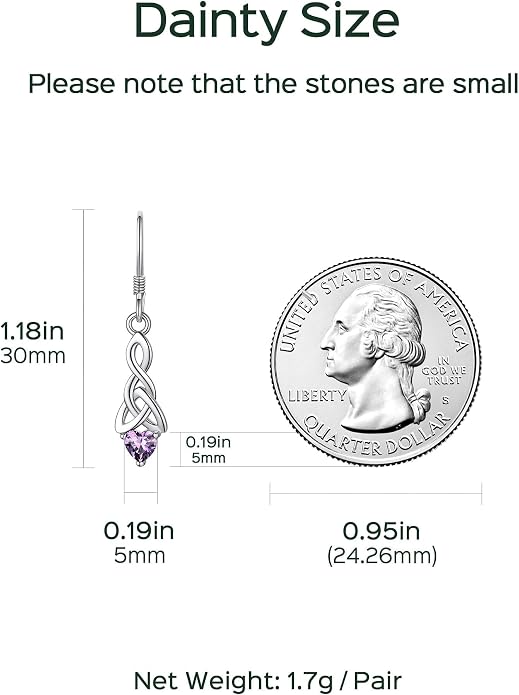 ChicSilver Sparkling Heart Birthstone 925 Sterling Silver Celtic Knot Dangle Hook Earrings (with Gift Box)