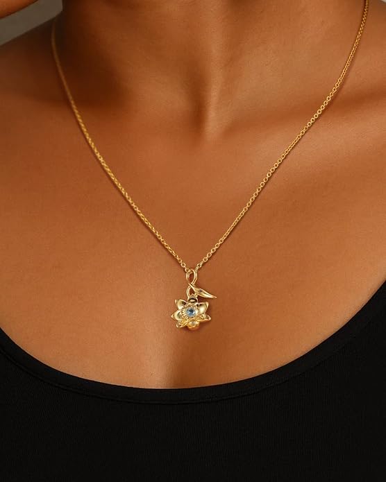 Birth Flower Birthstone Necklace for Women: Solid 925 Sterling Silver 14K Gold Plated Hypoallergenic Non-tarnish, Birth Month Flower Necklace Personalized Birthday Gifts for Wife Girlfriend Daughter
