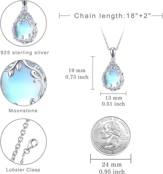 Teardrop Moonstone/Turquoise Necklace for Women 925 Sterling Silver Cage Filigree Necklaces Anniversary Birthday Jewelry Gift for Women