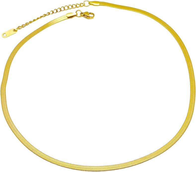 Elegant 18K Gold Plated Herringbone Necklace for Women, Flat Box Chain, Waterproof & Hypoallergenic, Gold Flat Snake Chain Necklace Choker for Women, Ideal Gift