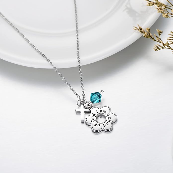 AOBOCO 925 Sterling Silver I Am a Child of God Daisy Necklace Jewelry Birthday Birthday Baptism Communion Gifts for Girls