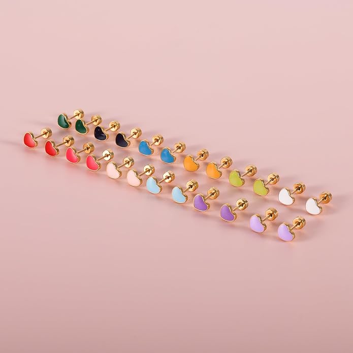 JMLOON 12 Pairs Enamel Flat Back Stud Earrings Surgical Stainless Steel Round Heart Star Square Hexagon Screw Back Stud Earrings