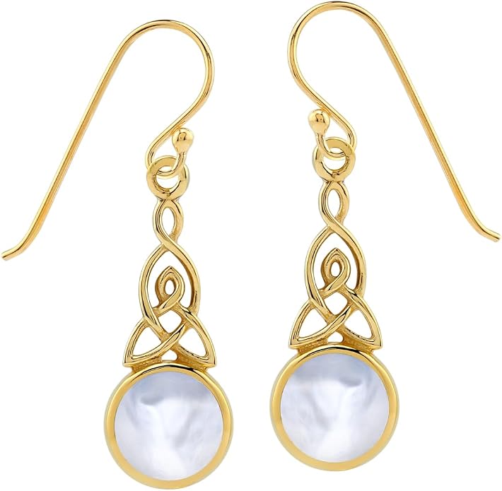 Silvershake 6MM Round Shape Inlay White Gold Plated or Yellow Gold Plated 925 Sterling Silver Triquetra Celtic Knot Dangle Leverback or Hook Earrings Jewelry for Women
