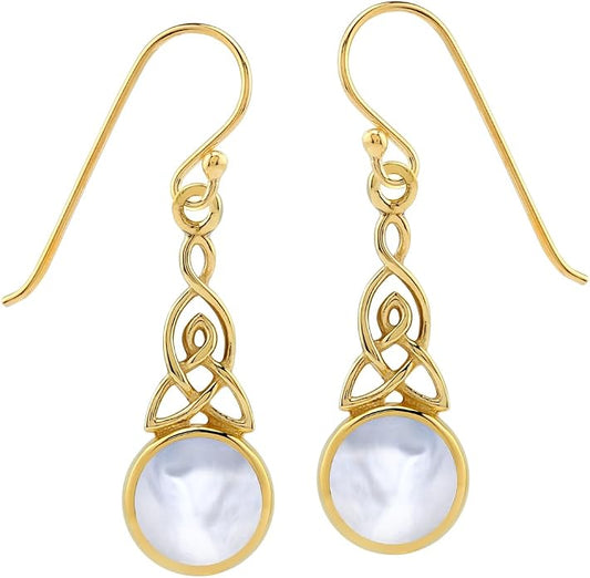Silvershake 6MM Round Shape Inlay White Gold Plated or Yellow Gold Plated 925 Sterling Silver Triquetra Celtic Knot Dangle Leverback or Hook Earrings Jewelry for Women