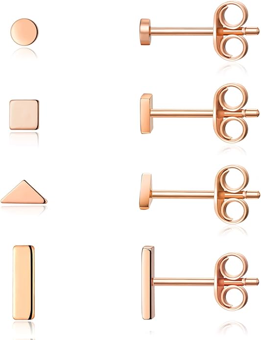 EPIRORA Sterling Silver Stud Earrings for Women Men- 4 Pairs of Hypoallergenic Simple Geometric Small Stud Earring Set Tiny Circle Triangle Square Bar Stud Earrings Mini Cartilage Tragus Earrings