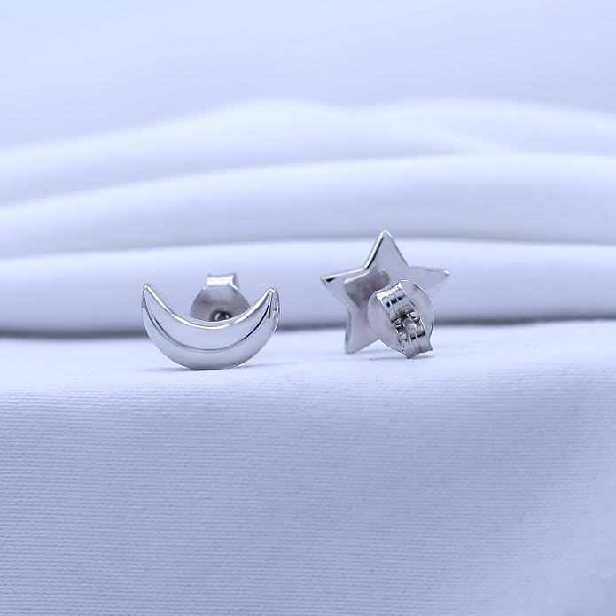 Asymmetric Earrings Half Moon And Star Lovely Charm Stud Earrings in 14K Gold Plated Sterling Silver With Push Back for her