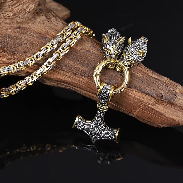 Viking Wolf Head Thor’s Hammer Pendant Necklace – Stainless Steel Norse Amulet Jewelry for Men, Nickel-Free, Gift Box Included