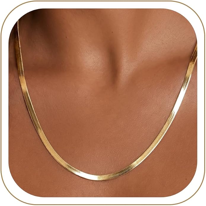 WomenGifts 14K Gold Silver Plated Herringbone Necklace for Women, Dainty Snake Chain Choker, Trendy Simple Long Layered Jewelry Non Tarnish, 3/4/5/8mm,14,16,18,20,22,24,26 Inch Thin & Chunky Options