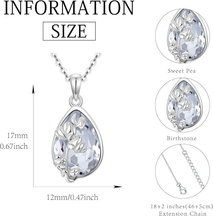 925 Sterling Silver Birth Flower Necklace with Teardrop Shaped Birthstone - 12 Colors, 12 Kinds of Flower - Ideal Birthday Jewelry Gift for Women, Mothers, Daughters & Wives