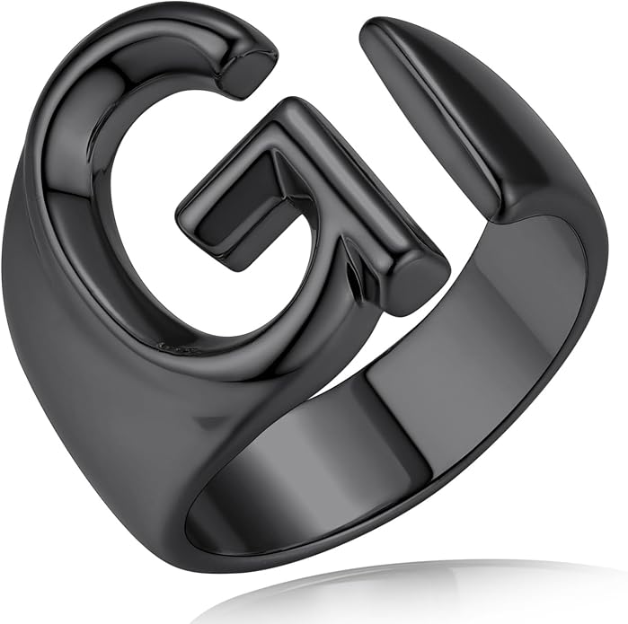 KeyStyle Bold Initial Letter Rings Adjustable, GoldChic Jewelry Women Gold Statement Ring Personalized Engraved Women’s Open Signet Ring for Party (Gold, White Gold, Black)