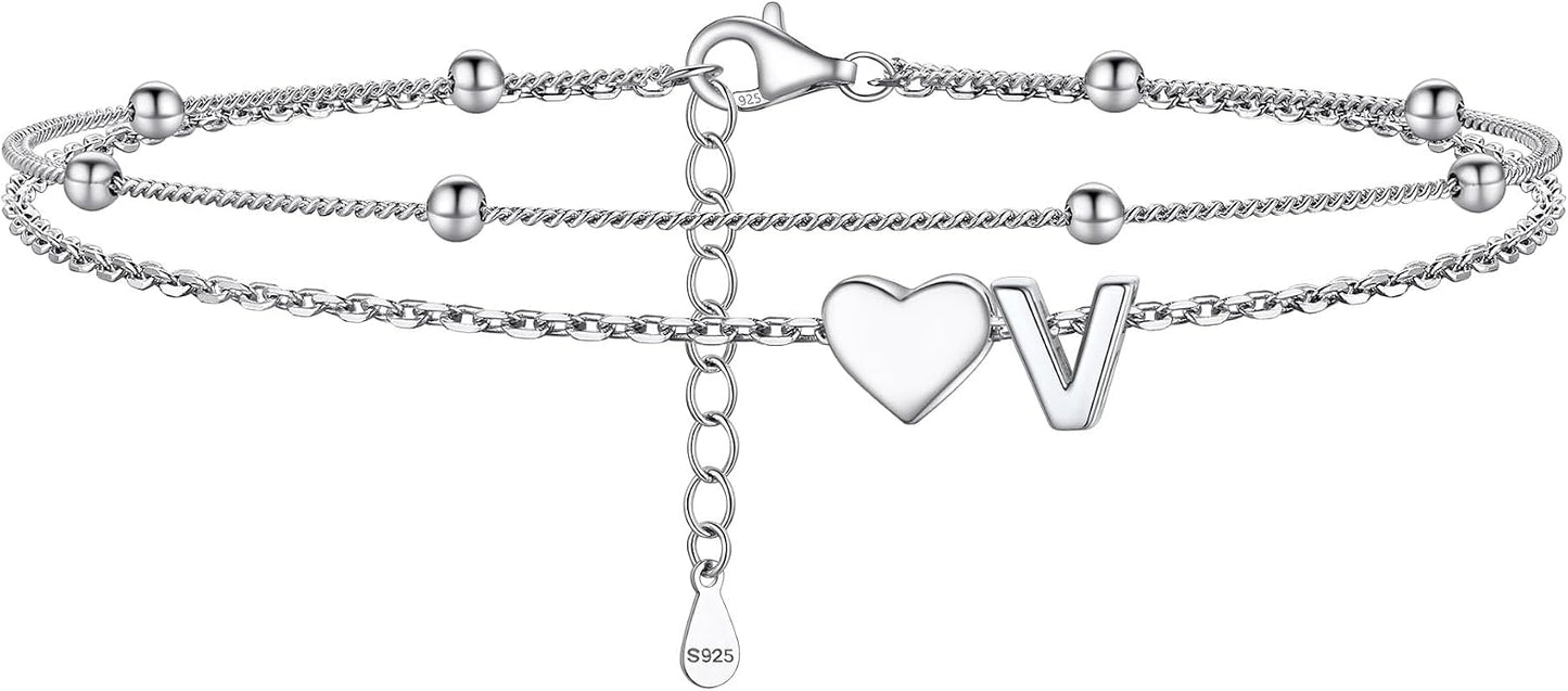 PROSILVER Ankle Bracelets for Women S925 Sterling Silver Anklets for Women Waterproof, Dainty Layered Heart Anklet, Beach Initial Anklet for Summer, Letter A-Z