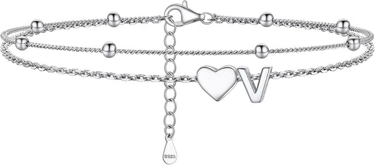 PROSILVER Ankle Bracelets for Women S925 Sterling Silver Anklets for Women Waterproof, Dainty Layered Heart Anklet, Beach Initial Anklet for Summer, Letter A-Z
