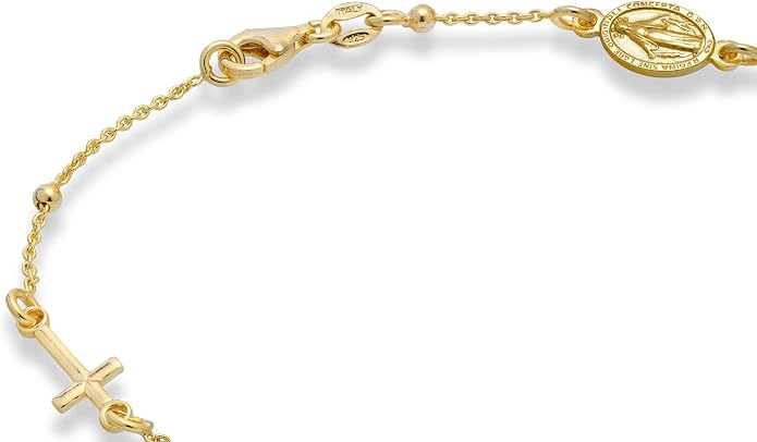 Miabella Italian 925 Sterling Silver or 18K Gold Plated Rosary Cross Bead Chain Anklet for Women, Made in Italy