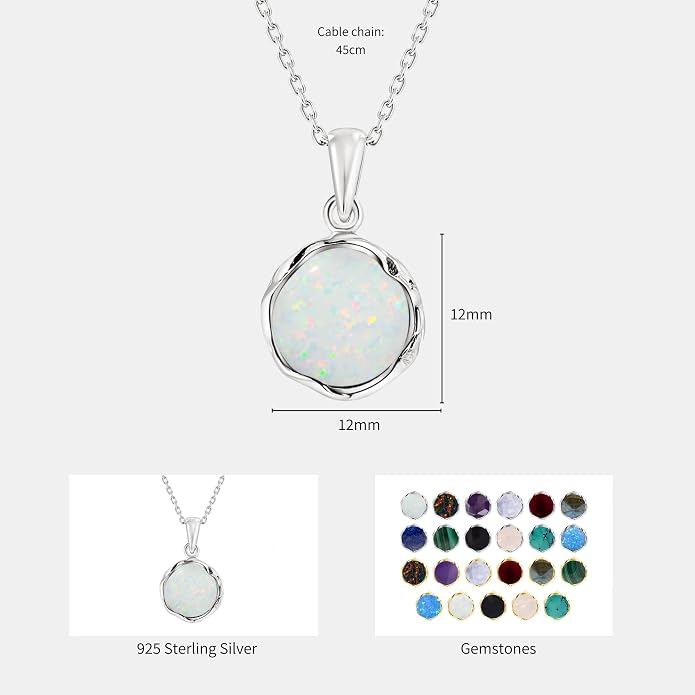 ADITA GOLD 925 Sterling Silver White Opal Necklace, Dainty 12mm Round Gemstone Pendant, October Birthstone Bridal Wedding Jewelry, Handmade Vintage Statement Jewel for Classy Brides and Women
