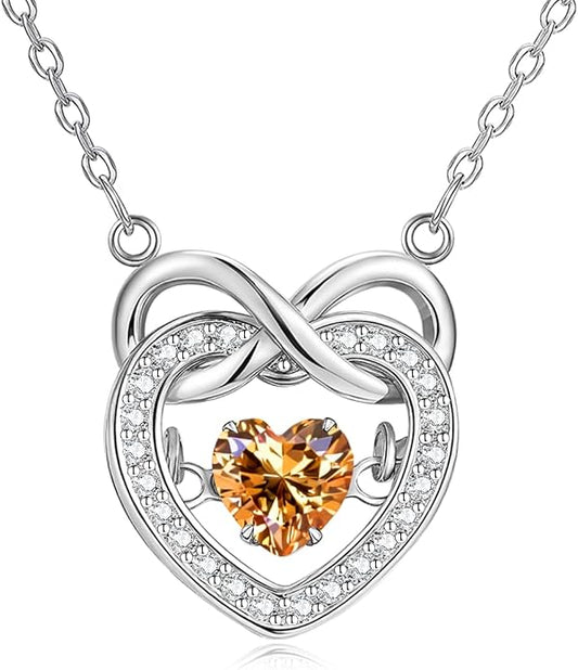 Trendy Dainty Infinity Birthstone Necklace, Dancing Heart 18K White Gold Plated 925 Sterling Silver Heart Necklace, Romantic Love Jewelry Graduation Gifts for Women Her