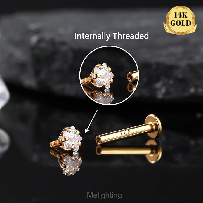 Melighting 14K Solid Gold Cartilage Earring - 16G Gold Heart Flat Back Earring - Star Helix Piercing Jewelry - Internally Threaded Curved CZ - 8mm