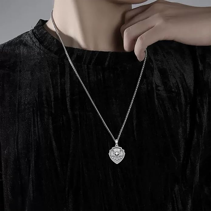 SIMONLY Eagle/Wolf/Skull Necklace for Men 925 Sterling Silver Shield Fish Hook Pendant Amulet Necklace Viking Shield Jewelry Christmas Gifts for Him